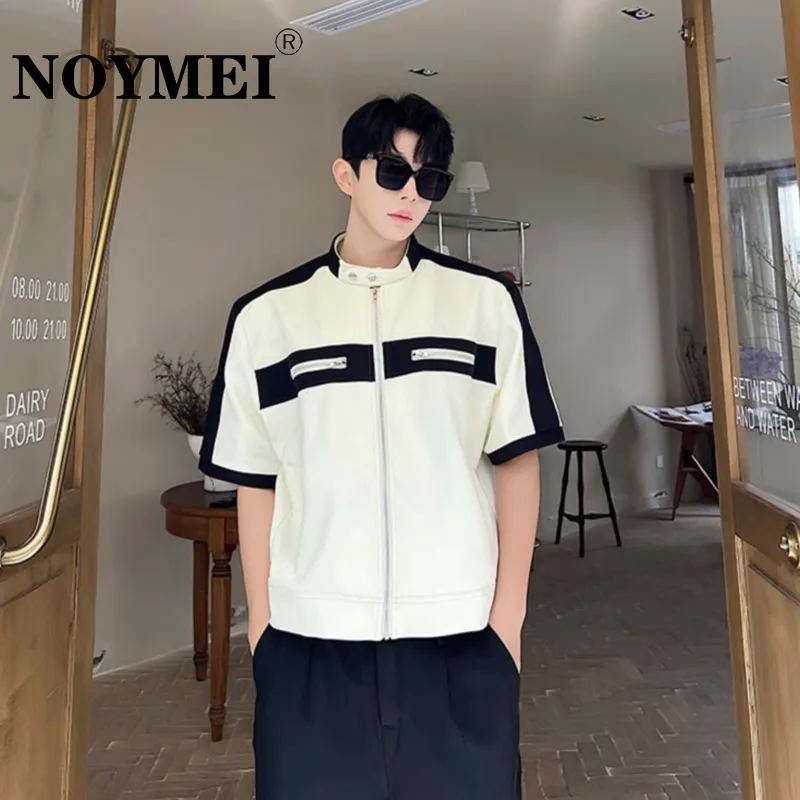 

NOYMEI short sleeve contrast color zipper lapel 2023 summer men's T-shirt fashionable pocket decoration korean style top WA1350
