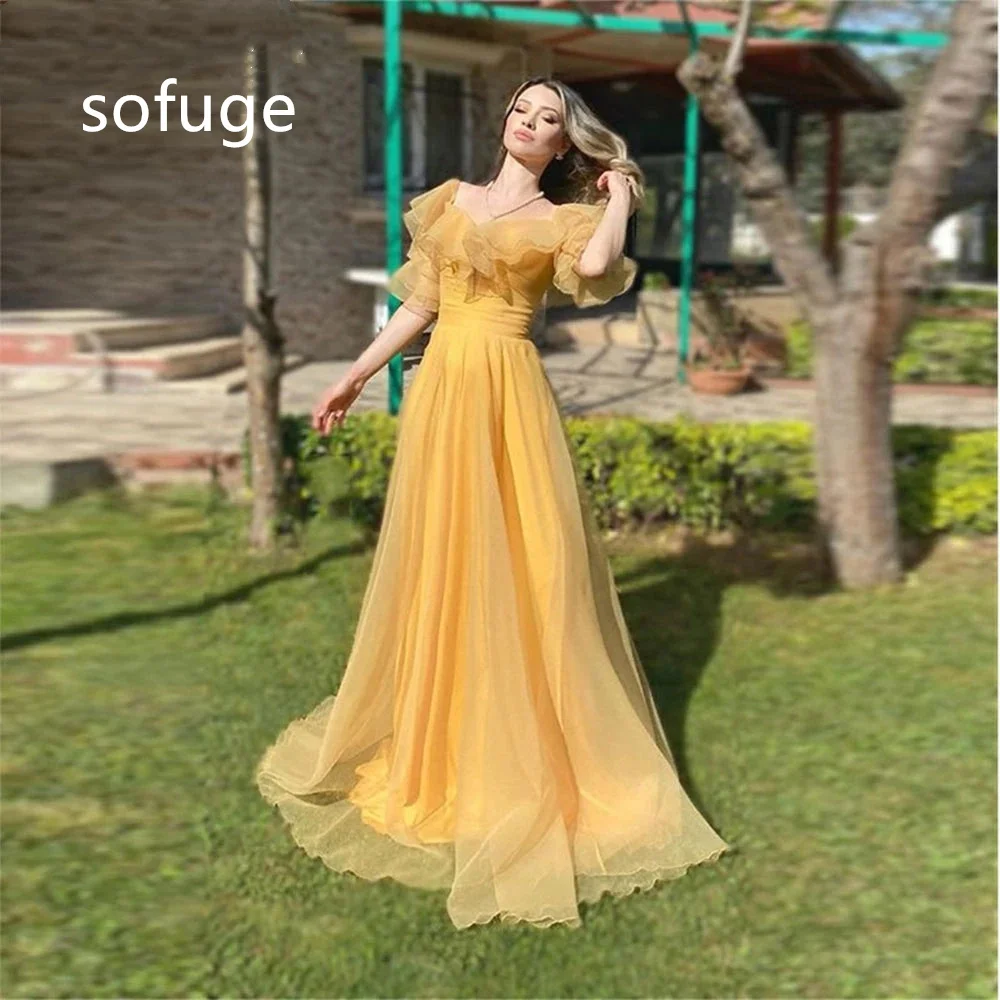 

Sofuge ad948 Tulle Luxury Celebrity Gown Evening Dress Backless A-Line Half Sleeve Zipper Scoop Dress Court Train Abendkleider