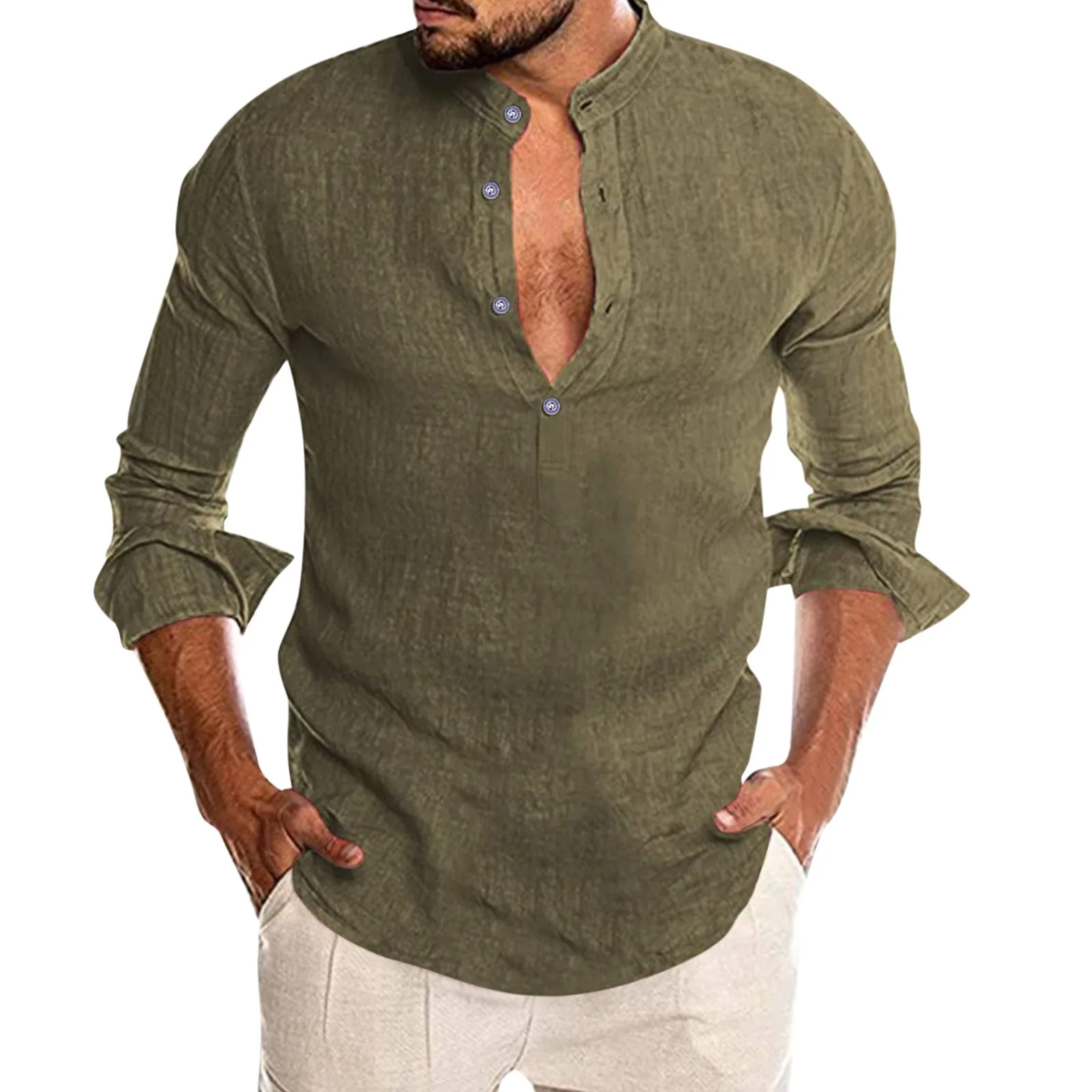 

Men Shirts Spring Summer Vintage Henry Collar V Neck Long-sleeved Thin Button Linen Loose Shirt For Men Pullover Casual Clothes