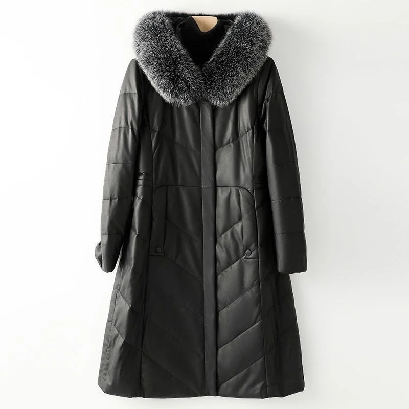 

100 пуховик из овчины, новинка 2022, кожаное пальто, Женское зимнее пальто средней длины с воротником из лисьего меха и капюшоном