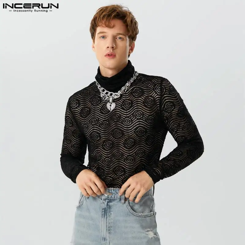 

Топы INCERUN 2023, красивые мужские футболки в американском стиле с половинчатой горловиной, свободные облегающие трикотажные футболки с длинным рукавом