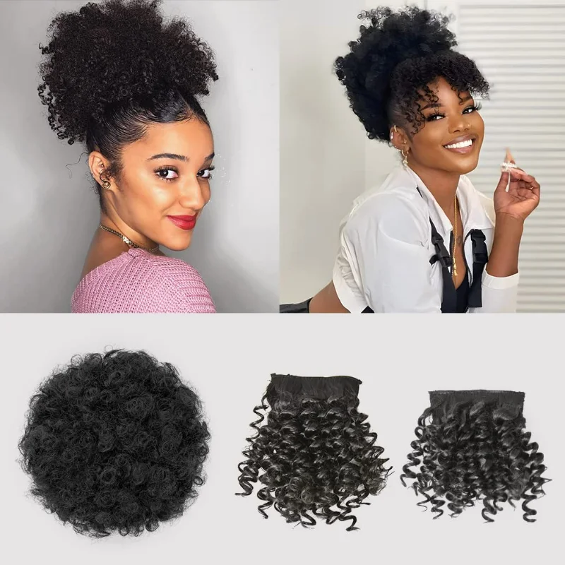2 Replaceable Bangs, Short Kinky Curly Ponytail with Bangs, Synthetic Pineapple Updo Hair Ponytail with Bangs for Black Women