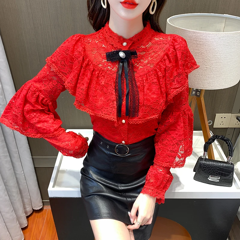 Женская кружевная блузка с оборками элегантная винтажная офисная Повседневная