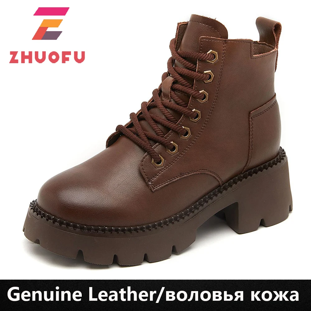 

Зимние ботинки ZHUOFU 2023 на платформе для женщин, обувь из натуральной кожи, женские ботильоны на танкетке с мехом, Женская Бесплатная доставка