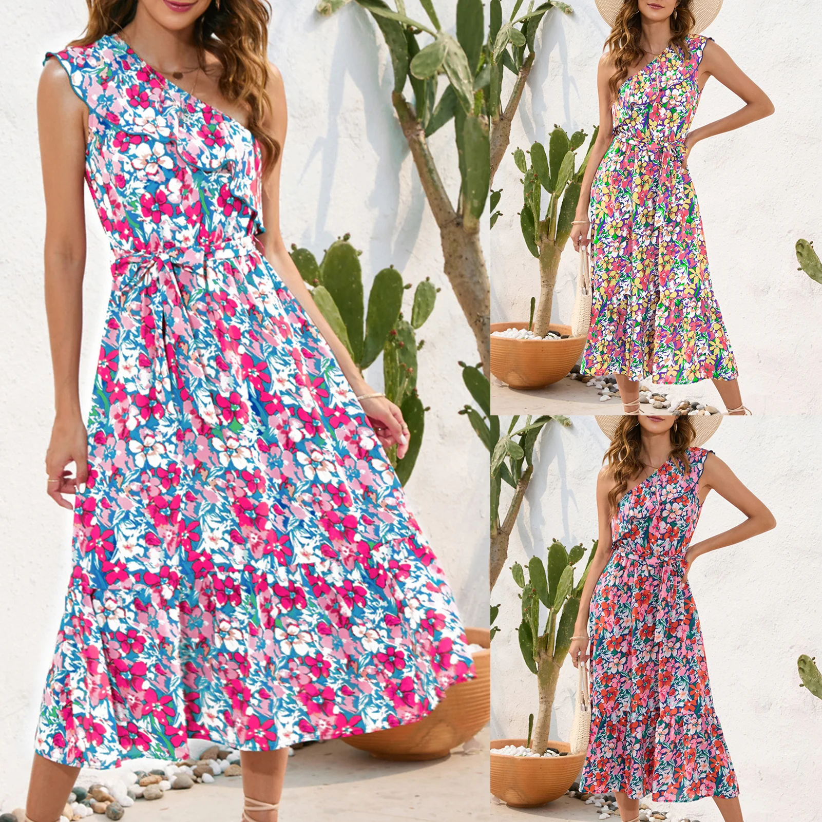 

Women One Shoulder Dress Polyester Ladies Floral Beach Long Dress Sleeveless Printing Asymmetrical Beach Vacation Clothing