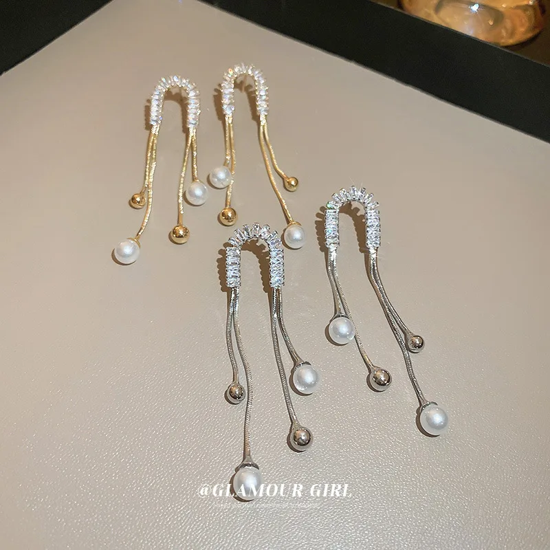

Silver Needle, Pearl, Zircon, U-shaped Tassel Earrings, European And American Design, Temperament, Personality
