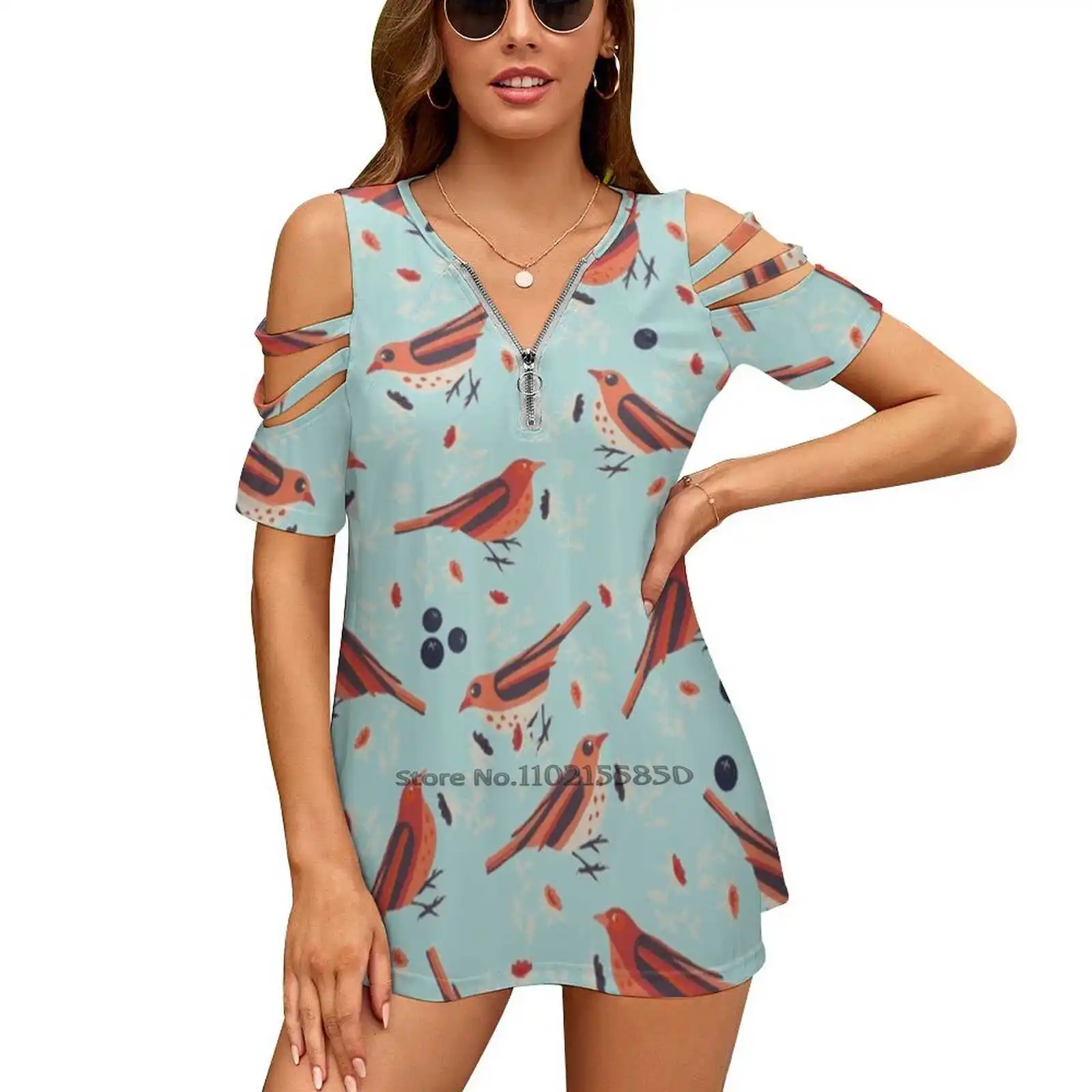 

Bluebirds Women'S Clothing V-Neck Tops Zipper Tee Ladies Casual Sexy T-Shirt Blueberry Birds Blue Orange Red Beige Pattern