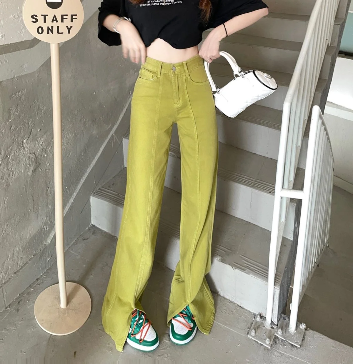 

Split Stitched Micro Flare Jeans Green White Summer Women's High Waist Loose Straight Women Denim Pant