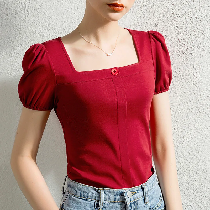 

Summer New Women Square Collar Short Sleeve T-shirts Solid Simple Slim Fit Grace Tops Female Large Size Cotton Bottom Shirt 3142