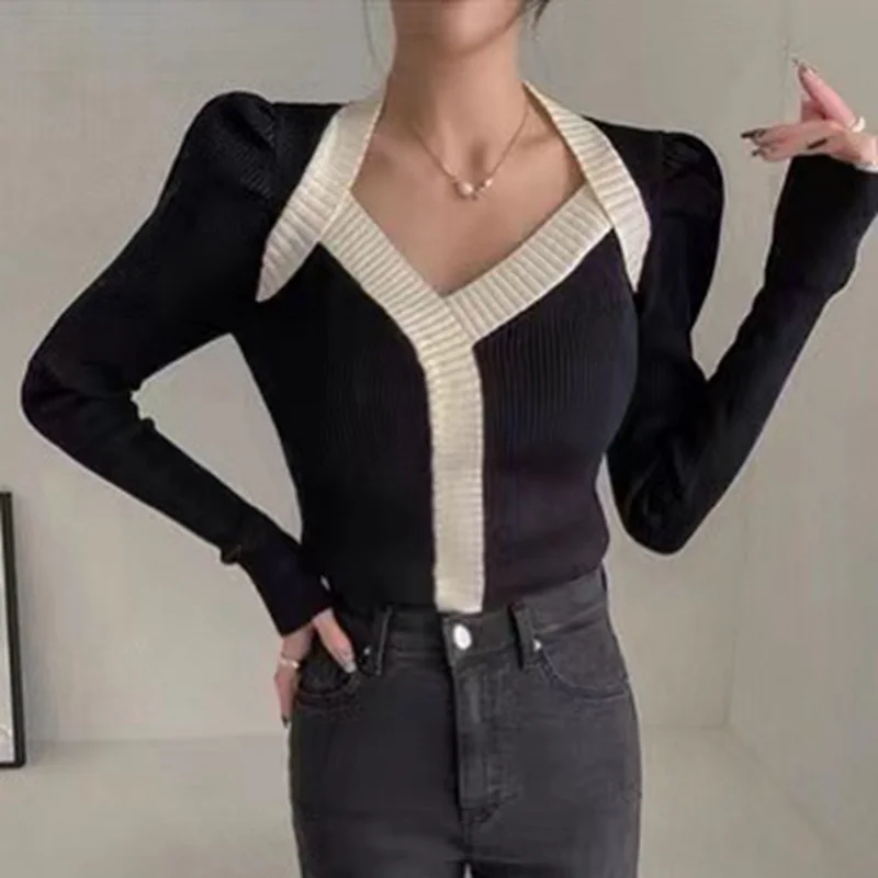 

Women's Pullover Korean Chic Design Elegant Color V-neck Sleeve Slim Knit Women Nuyoah