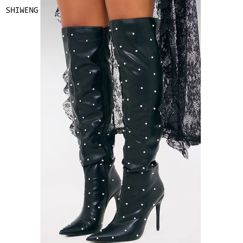 Однотонные сапоги до колена с заклепками ботинки на молнии круглым носком