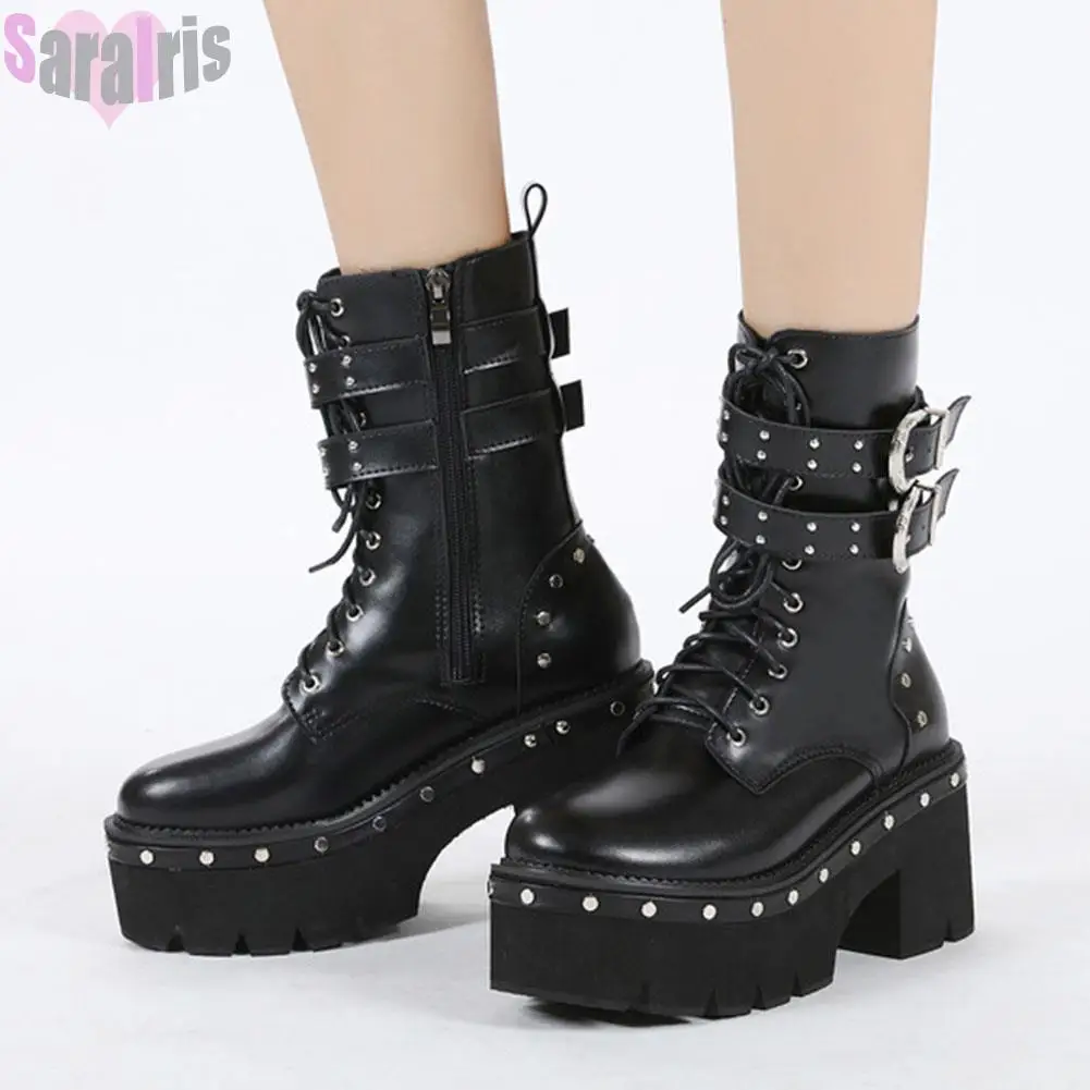 

Женские ботильоны с заклепками, на платформе и толстом высоком каблуке