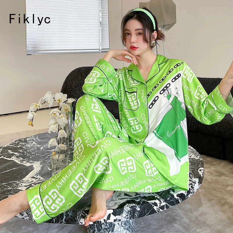 

Fiklyc Women Casual Spring Summer Autumn Design Pajamas Sets Satin Letter Cross Floral Printed Fashion Pyjamas Indoor Wear