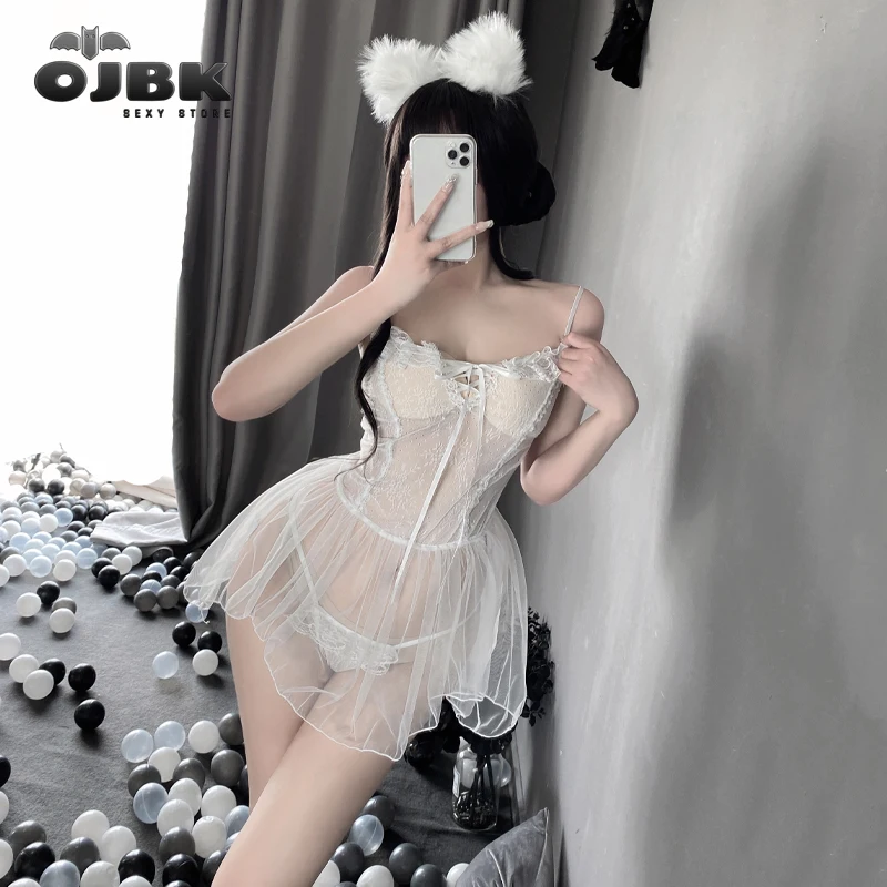 

OJBK Women Lingerie Lace Halter Teddy V Neck Sleepwear Exotic Open Front Negligee Mesh Perspective Temptation Sling Nightdress