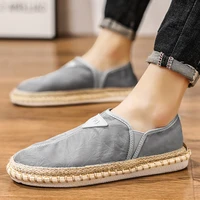 korean style men canvas casual fisherman shoes flats summer ice silk cloth casual male slip on belt decoration straw lazy shoes