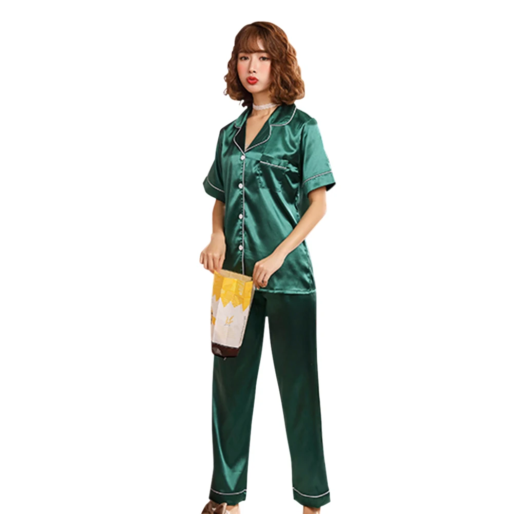 

Leisure Women Spring Autumn Nightwear Ladies Solid Short Sleeve Silk Polyester Sleepwear Female Sexy Party Suit Pajama Tops