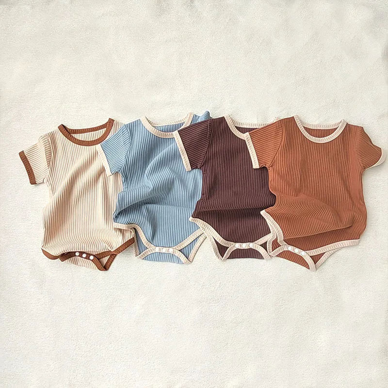 

2023 Korean Summer Toddler Boys Jumpsuit Cotton Solid Knitted Pullover Romper Slim Muslin Short Sleeve Babysuit For Newborn