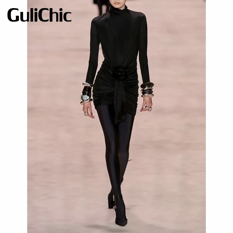 3.14 GuliChic Runway Fashion Elegant Three-Dimensional Flower Ruched Slim Black Mini Dress Women