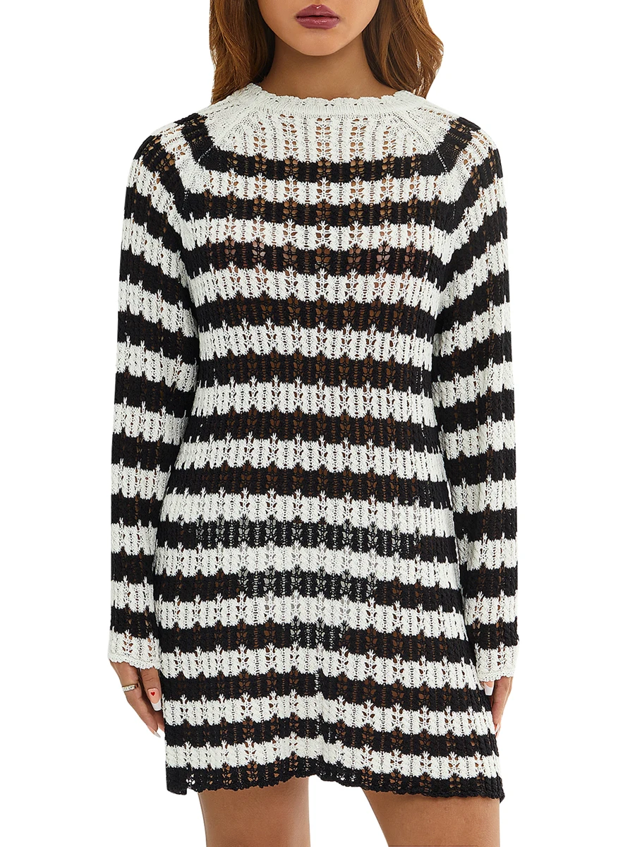 

BEAFNKSG Women Crochet Knit Mini Dress Striped Long Sleeve Round Neck Hollow Out Knitted Short Dress Casual Loose Dress