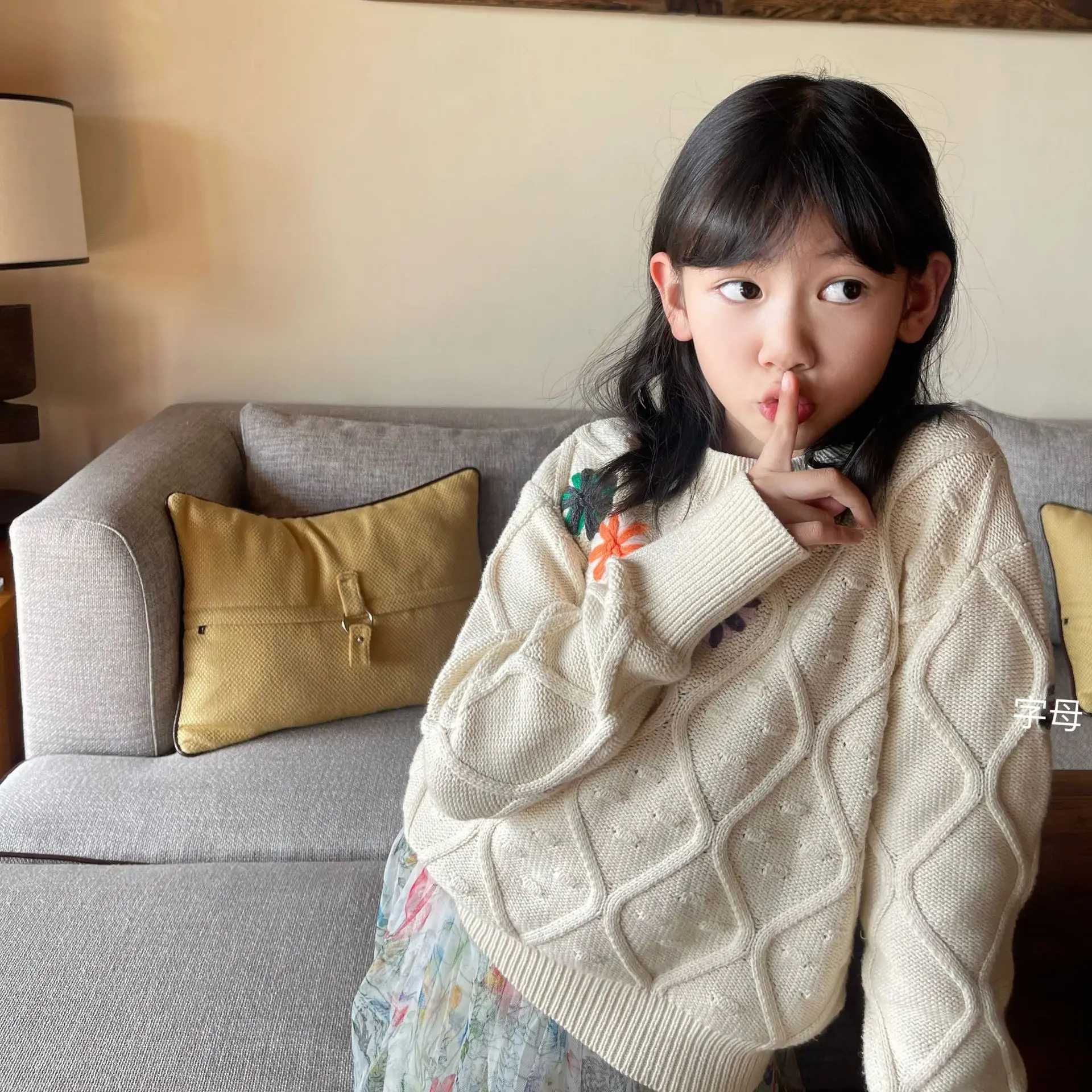 

Beige Hand Embroidered Knit Cotton Sweater For Girls LAB CICI