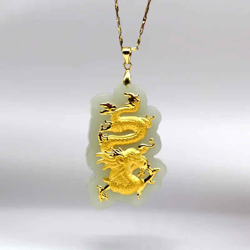 

Ожерелье женское из натурального нефрита, инкрустированный драконом 24 К золота, резное ювелирное изделие в винтажном стиле, натуральный зе...