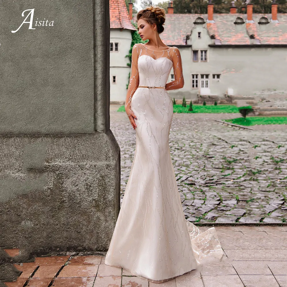

Champagne Strapless Wedding Dress With Sequin Embroidery Vestidos De Boda Mermaid Bride Robe Tulle Sweep Train Beach Bride Dress
