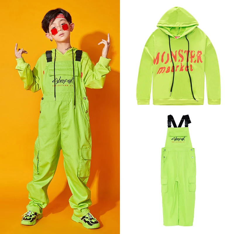 

Children'S Hip-Hop Style Performance Clothing Boys Girls Green Sweater Overalls Hiphop Suit Jazz Modern Dance Costumes DQS8932