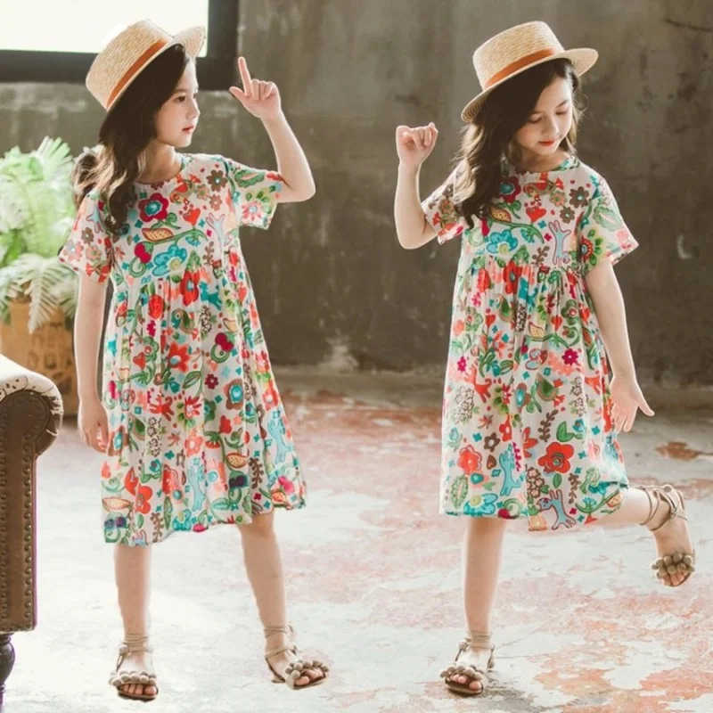 

girls dresses for school 2022 New Children Floral Short Sleeved Dress Casual Elegant Princess Party Dress Girl Clothes 10 To 12Y