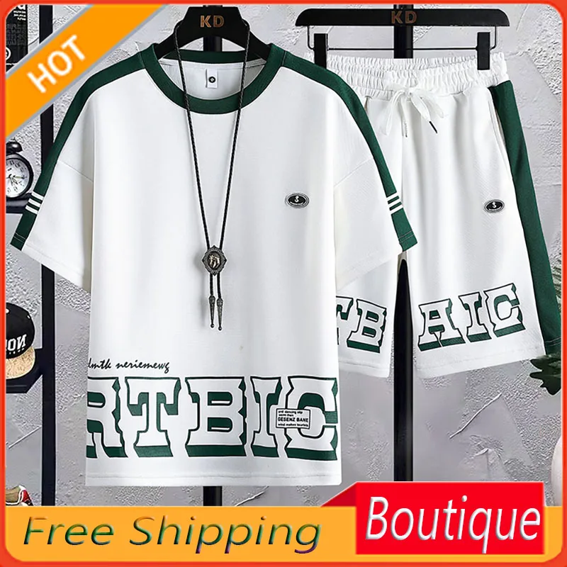 Casual Sports Suit Men's Summer Fashion Brand Fashion Letters Short-Sleeved Men's Suit with Handsome Teen Clothes