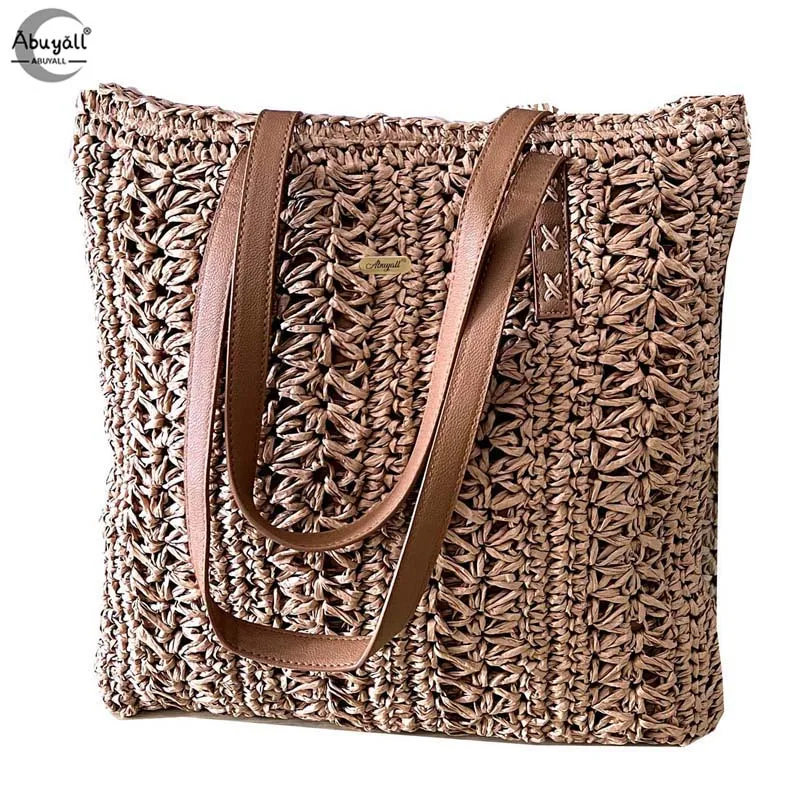 

Abuyall Straw Handbag With Flower Beach Bohemian Woven Shoulder Bag for Women Large Rattan Satchel Casual Handmade Handle Tote