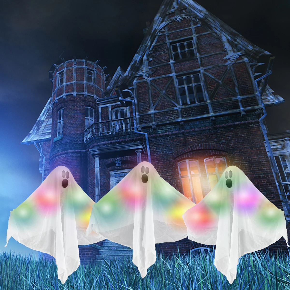 

3Pack Colorful Halloween Ghost Stakes with 15 LED Lights Glowing Spooky Halloween White Ghost Yard Stakes 17x18in Halloween