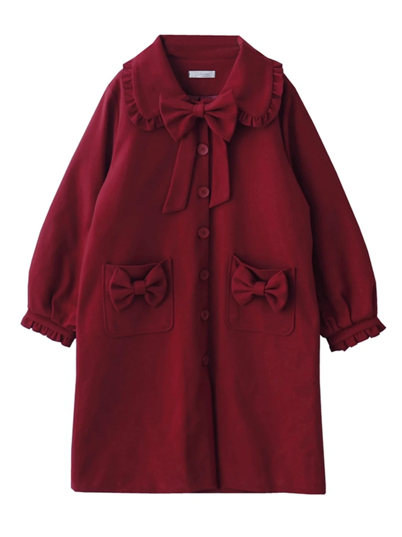 

2022 Autumn and Winter Women's New Fungus Edge Doll Collar Bow Long Christmas Woolen Red Woolen Coat