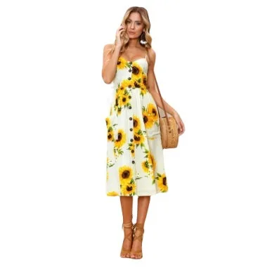 

Sunflower Pineapple Pattern Print Sling Button Backless Sexy Dress Women