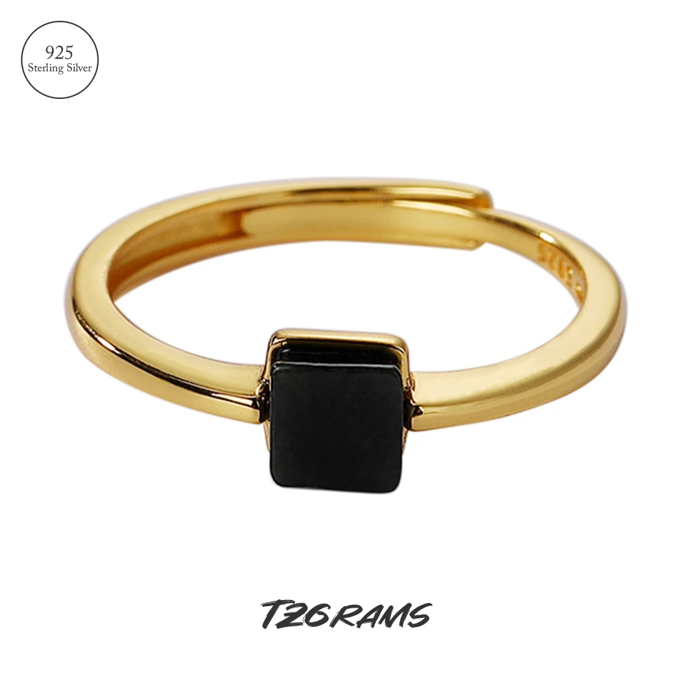 

925 Sterling Silver Thin Ring With Black Jade Natural Square Gold Color Rings For Women Resizable Personalized Jewelry Gift
