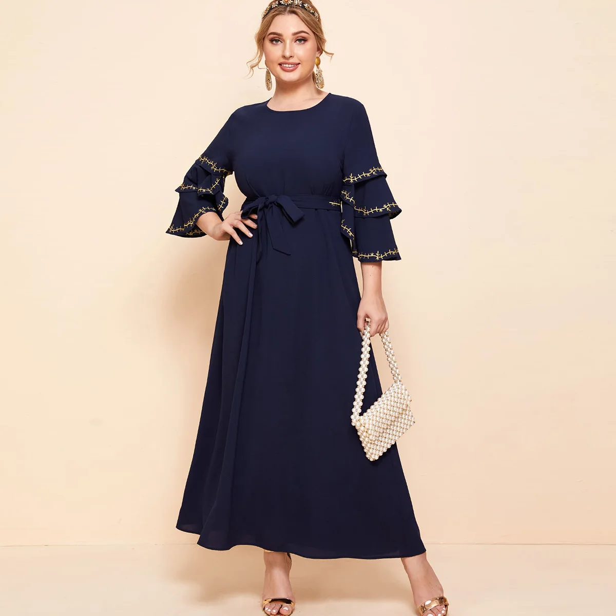 

Wepbel Retro Ramadan Abaya Muslim Dress Women Dubai Multi-Layer Long Sleeve Abaya Islamic Clothing Bronzing Stitching Robe Dress