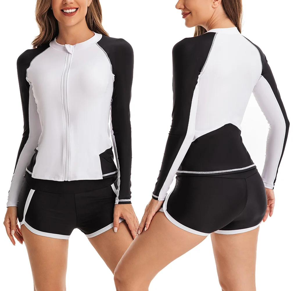 

Surfing Tankini Swimsuit For Women Split Boxer Long Sleeve Swimwear Zipper Cardigan Ladies Swim Two-Piece Suit Female Sportswear