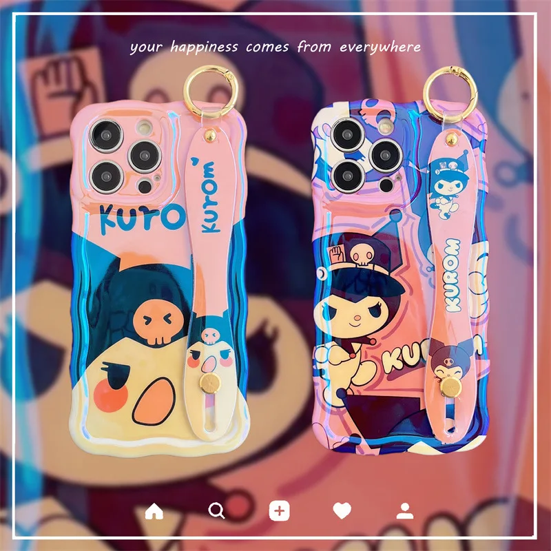 

Luxury Sanrio Kuromi blu ray laser Wrist strap Anime Phone Case For iPhone 14 13 12 11 Pro Max Case Cute shockproof Soft Cover