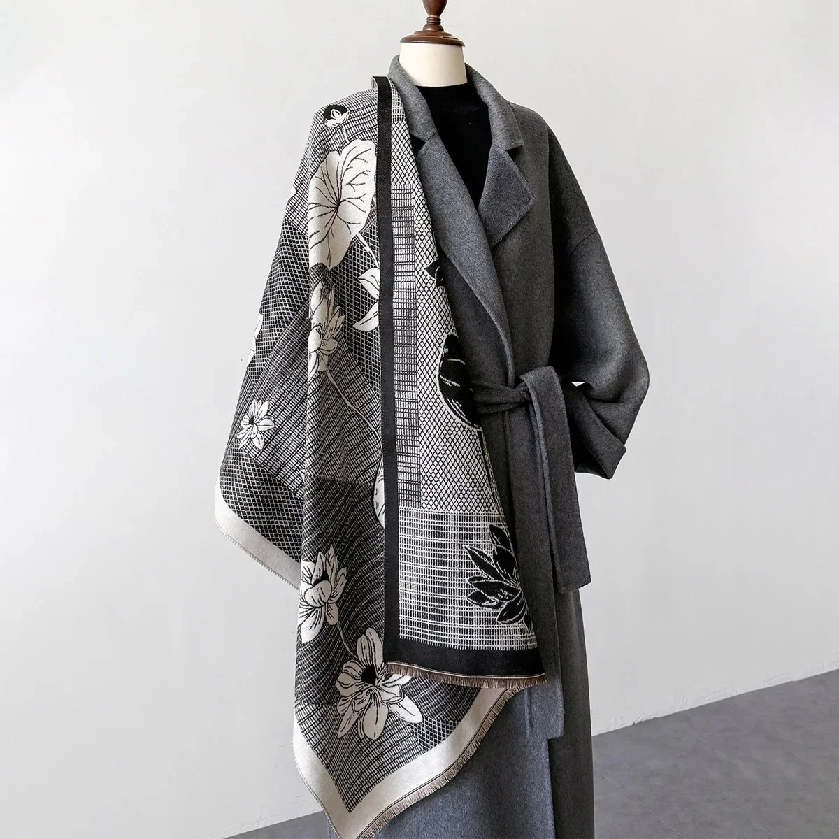 Женский Толстый Теплый Шарф В Стиле Ретро С Цветочным Принтом Кашемир Пашмина