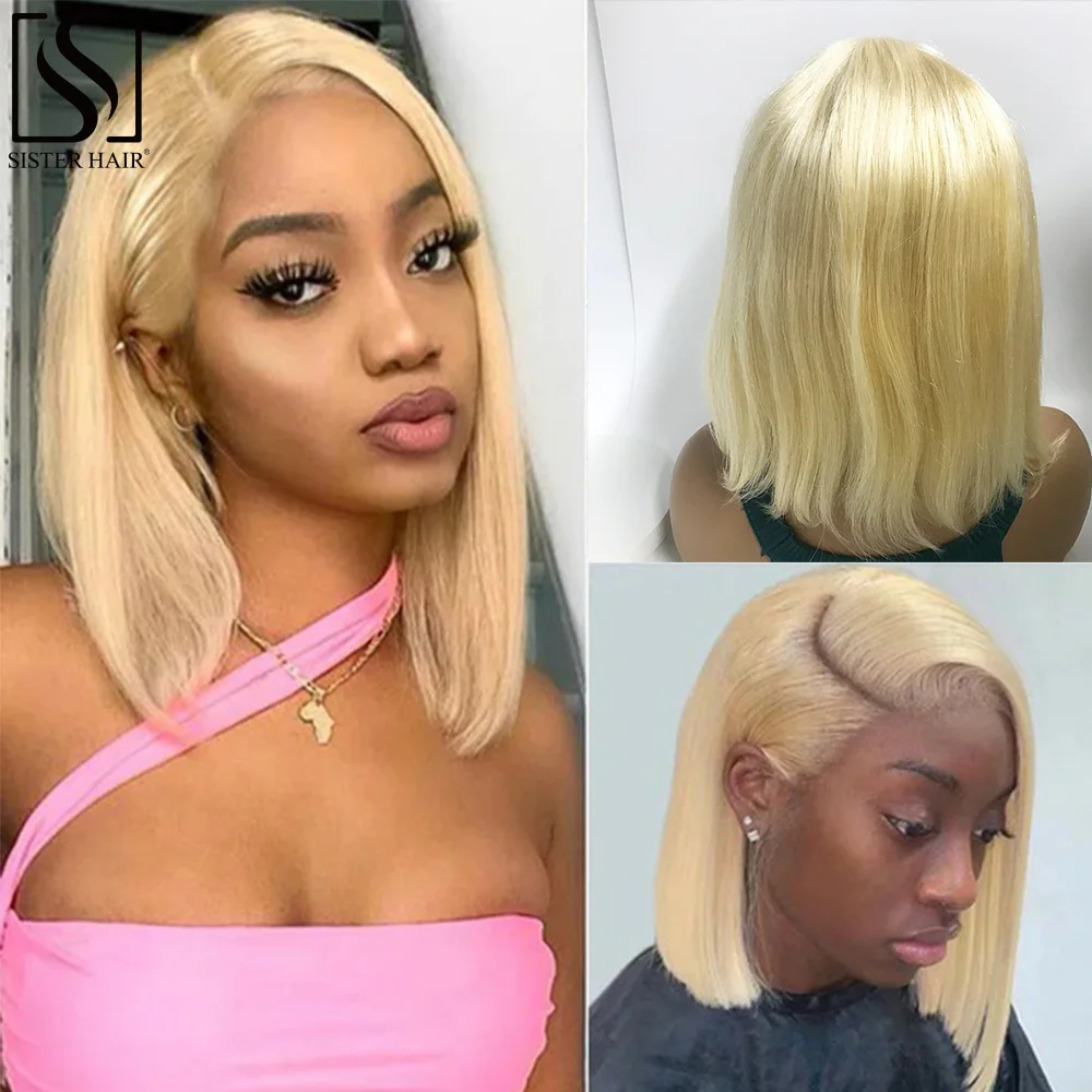 

SISTER 613 Bob T Part Lace Frontal Wig Blonde Straight 100% Human Hair Transparent Lace Brazilian Remy Straight Bob Wigs