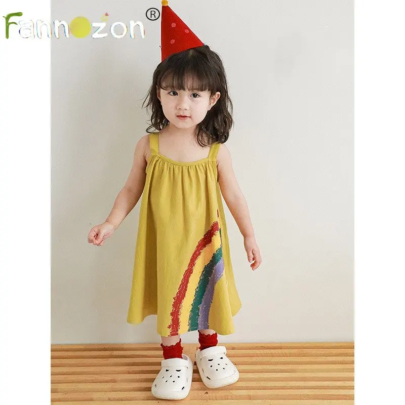 

2023 New In Summer Rainbow Printing Casual Vintage Cotton Dresses for Girls Baby Kids Children Clothing Clothes Princess Dress