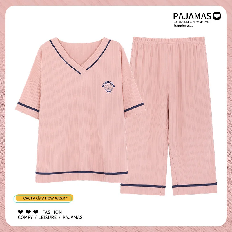 pajamas women's short sleeved capris summer new cotton round neck cute cartoon size home thin style can be worn out