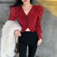 koamissa womens blouse sexy hollow out v neck lace shirts long sleeve button up crop tops 2022 new fashion solid office blusas