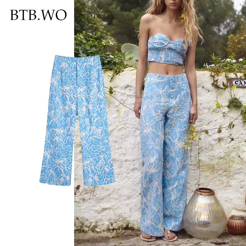 

BTB.WO Women Fashion flower print Satin Pants Traf Vintage High Waist With Elastic Waistband Female Trousers Mujer