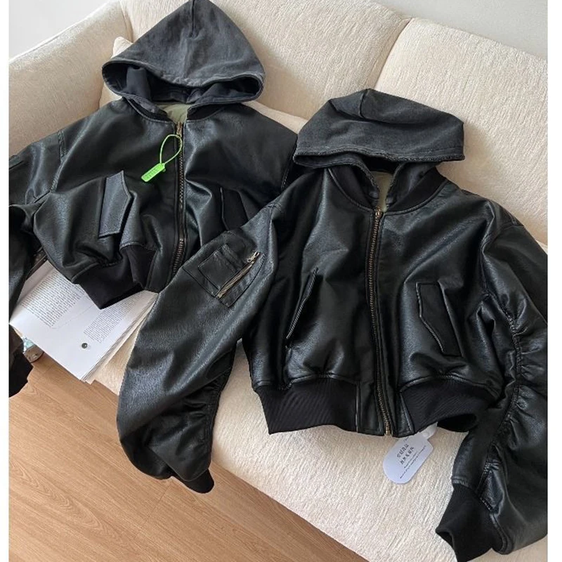 Зимняя двусторонняя одежда теплые пальто черная готическая кожаная лоскутная