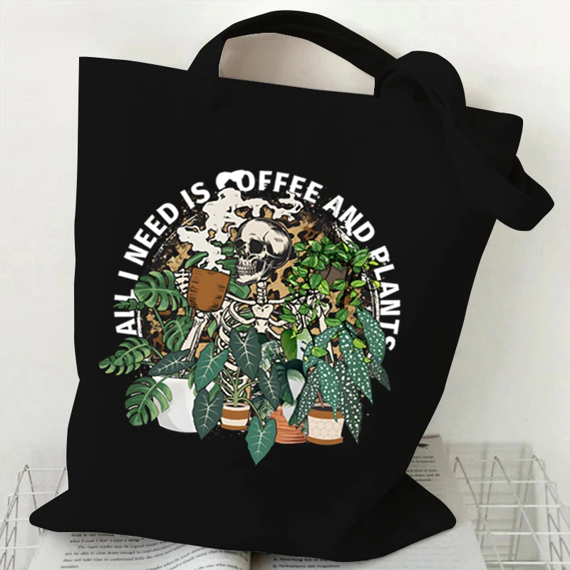 Холщовая большая сумка Crazy Plants Женская винтажная с черепом I Need Is Coffee and Сумка-тоут