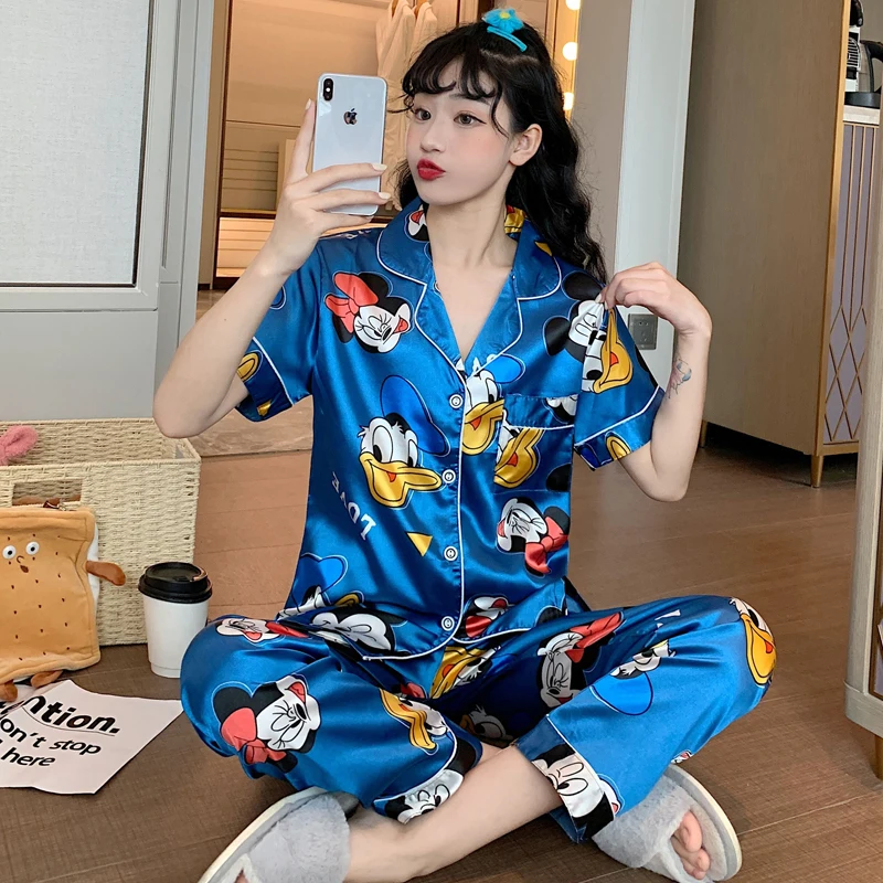 

Disney Cute Silk Pajamas for Women Fall Home Suit Mickey Mouse Pyjamas Pj Set Satin Nightwear Sleepwear 2022 Pijama Verano Mujer