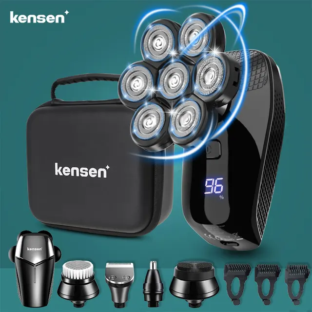 Kensen 5 in 1 7d rechargeable bald head shavers kit for men usb led display electric razor heads beard ear hair facial trimmer