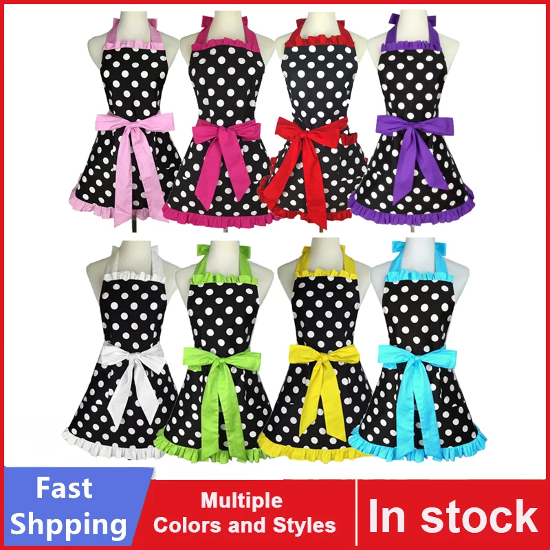 

Cotton Cute Women Apron Women Retro Black Polka Dot Retro Ruffle Side Vintage Cooking Aprons with Pockets for Women Girls