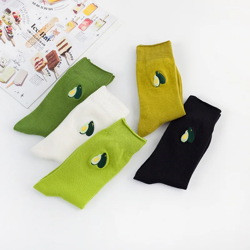 5 Pairs Colorful Fashion Harajuku Lovelty Cute Women Socks Cartoon Fruit Greet White Avocado Girl Cotton Casual Socks