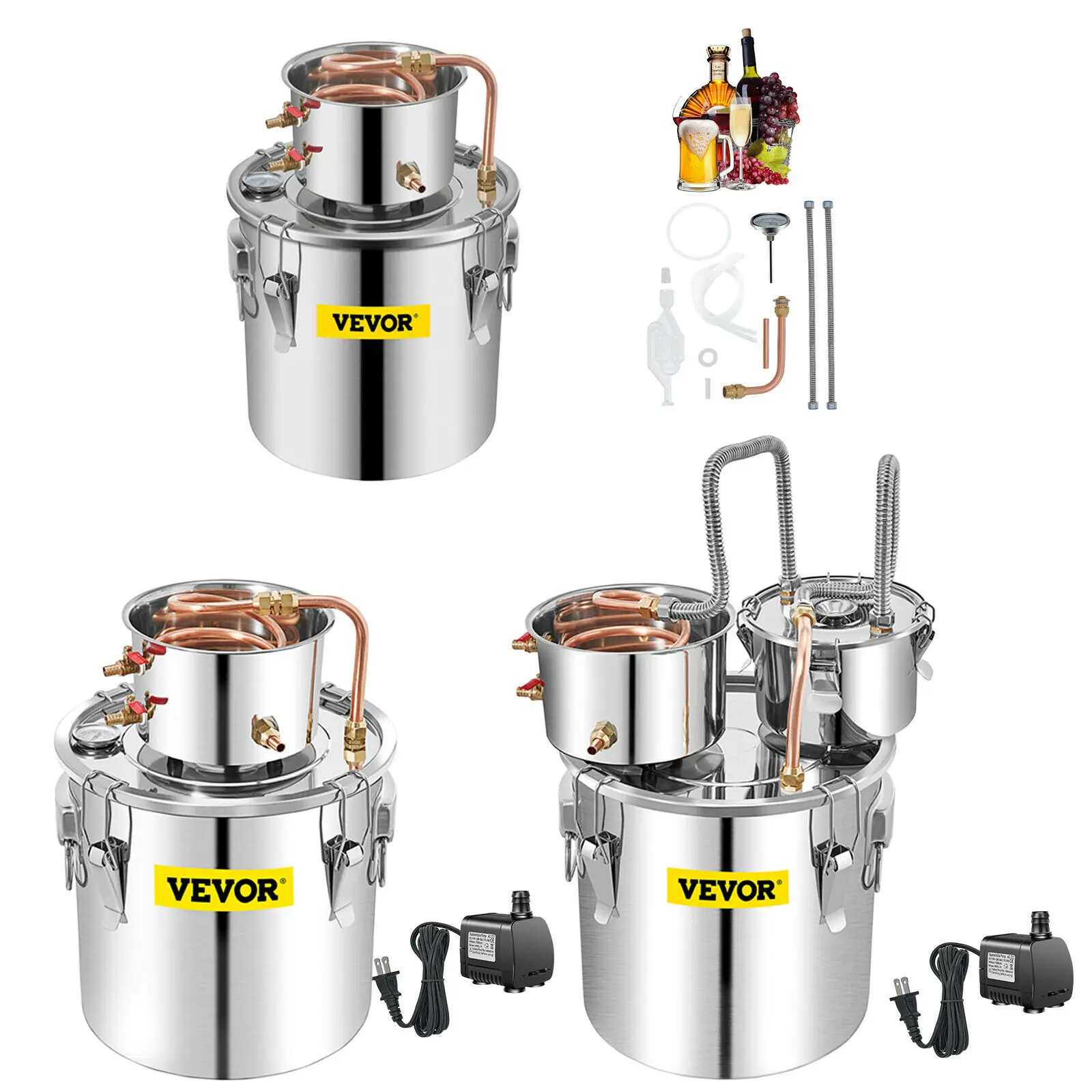 

VEVOR Moonshine Still 3/5/8 Gal Water Wine Alcohol Distiller Boiler Kit Home DIY